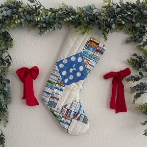 Quilted Holiday Stocking with Blue and Multicolor Patchwork